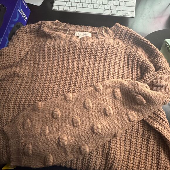 Jessica Simpson Tan Bobble Sleeve Chunky Sweater Women’s S Cozy Fall Pullover - Picture 4 of 9
